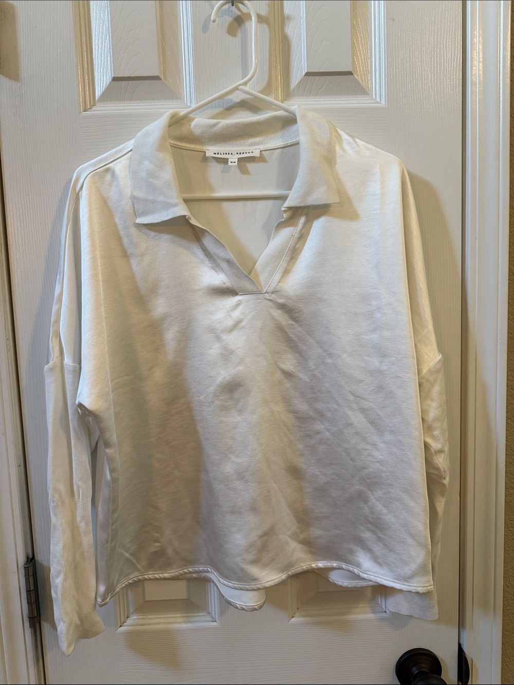 Melissa Nepton White Collared V-Neck Pullover Top sz m